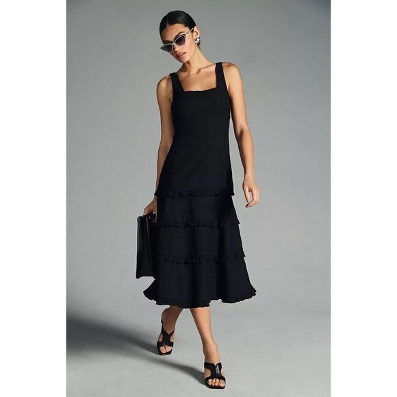 NWT ANTHROPOLOGIE Sz XS THE BLYTHE TIERED MIDI DRESS BLACK - Picture 1 of 4